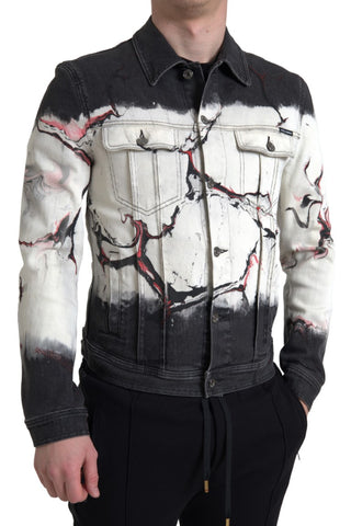 Multicolor cotton collared denim jacket by Dolce & Gabbana, featuring vibrant patchwork and classic denim design.