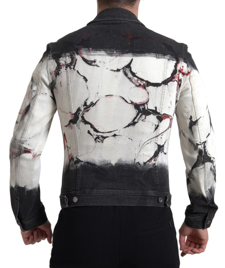 Multicolor cotton collared denim jacket by Dolce & Gabbana with vibrant patchwork and classic button closure.