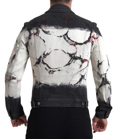 Multicolor cotton collared denim jacket by Dolce & Gabbana with vibrant patchwork and classic button closure.