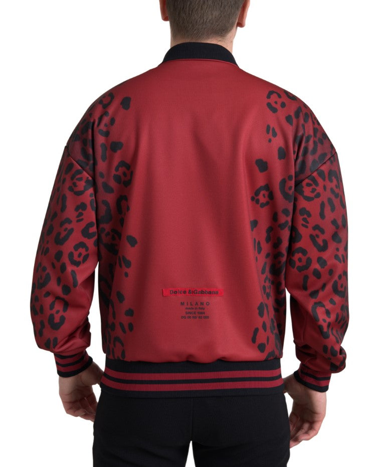 Red leopard print Dolce & Gabbana polyester bomber jacket with full zip and stylish design.