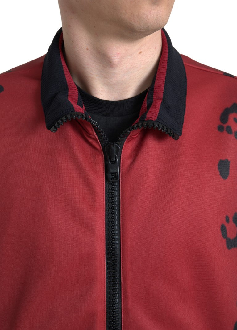 Red leopard print polyester bomber jacket with full zipper from Dolce & Gabbana, featuring a stylish and vibrant design.