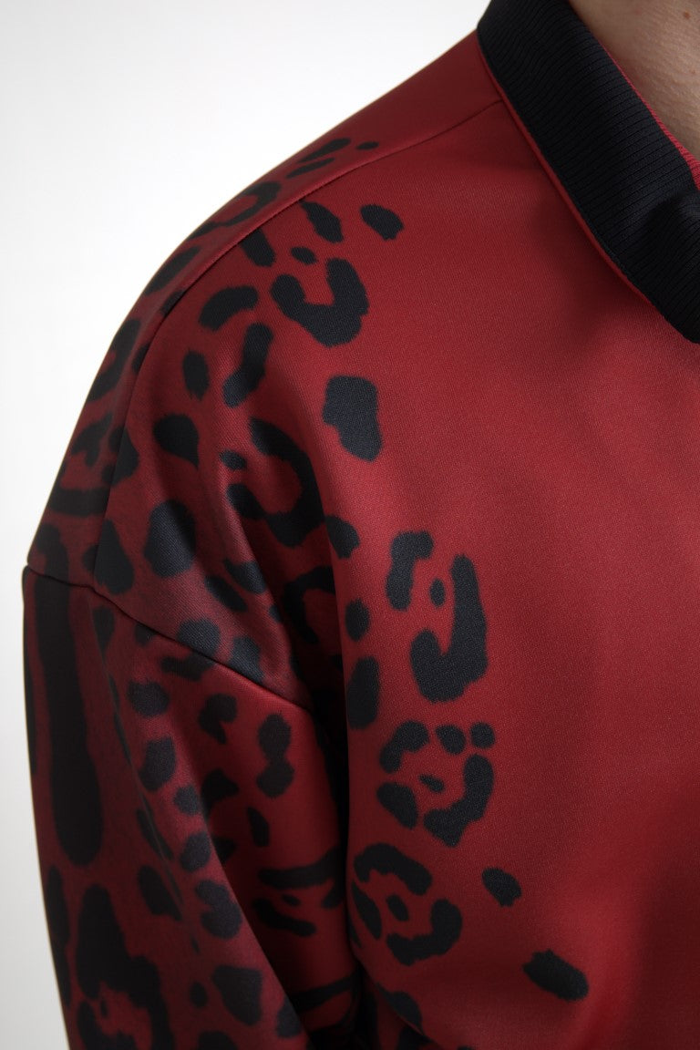 Red leopard print polyester bomber jacket with full zip by Dolce & Gabbana, featuring a stylish and bold design.