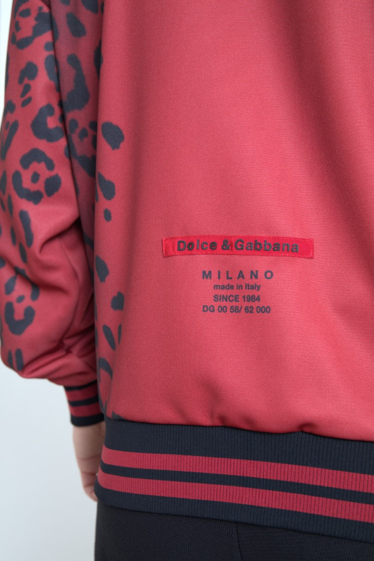 Red leopard print polyester bomber jacket with full zip closure by Dolce & Gabbana, featuring a stylish, fitted design.