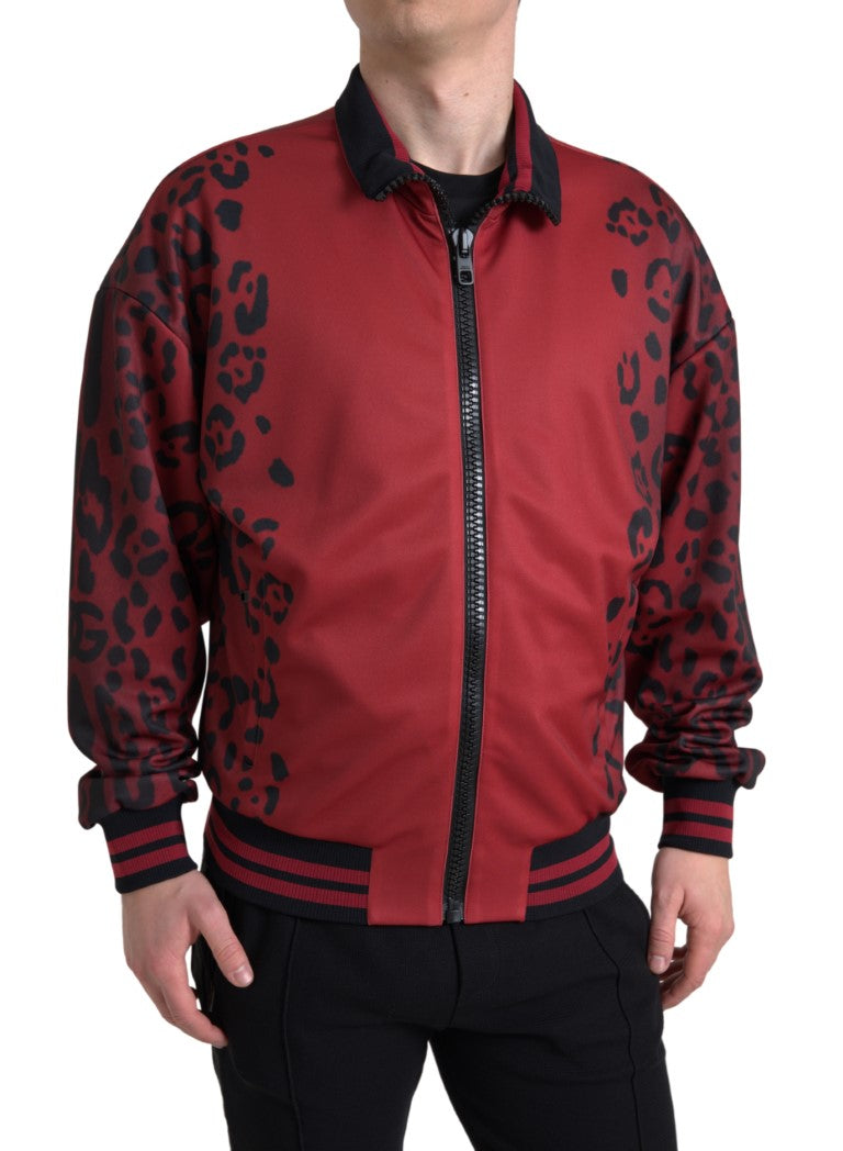 Red leopard print polyester bomber jacket by Dolce & Gabbana with full zip and ribbed cuffs.