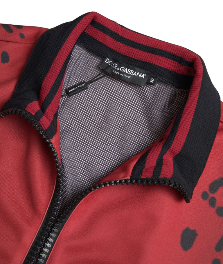 Red leopard print polyester bomber jacket by Dolce & Gabbana, full-zip style with ribbed cuffs and collar.