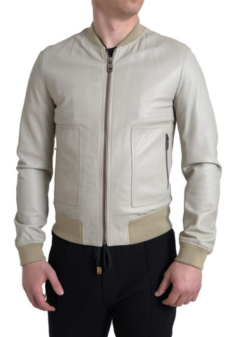 Cream leather bomber jacket with full zip closure, styled as a Dolce & Gabbana men's blouson in a sleek, modern design.