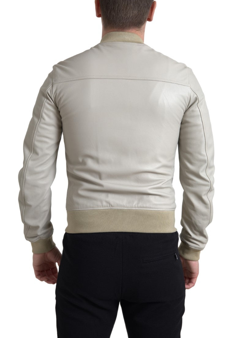 Cream leather bomber blouson full-zip jacket by Dolce & Gabbana, featuring a sleek design and classic fit.