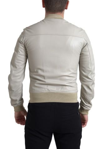 Cream leather bomber blouson full-zip jacket by Dolce & Gabbana, featuring a sleek design and classic fit.
