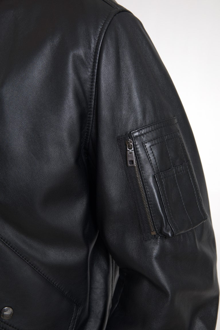 Black leather blouson bomber jacket with full zip closure by Dolce & Gabbana, featuring a sleek, fitted design.