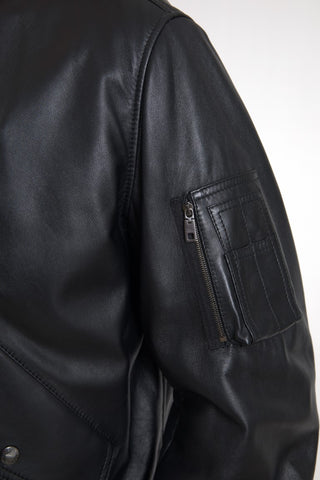 Black leather blouson bomber jacket with full zip closure by Dolce & Gabbana, featuring a sleek, fitted design.