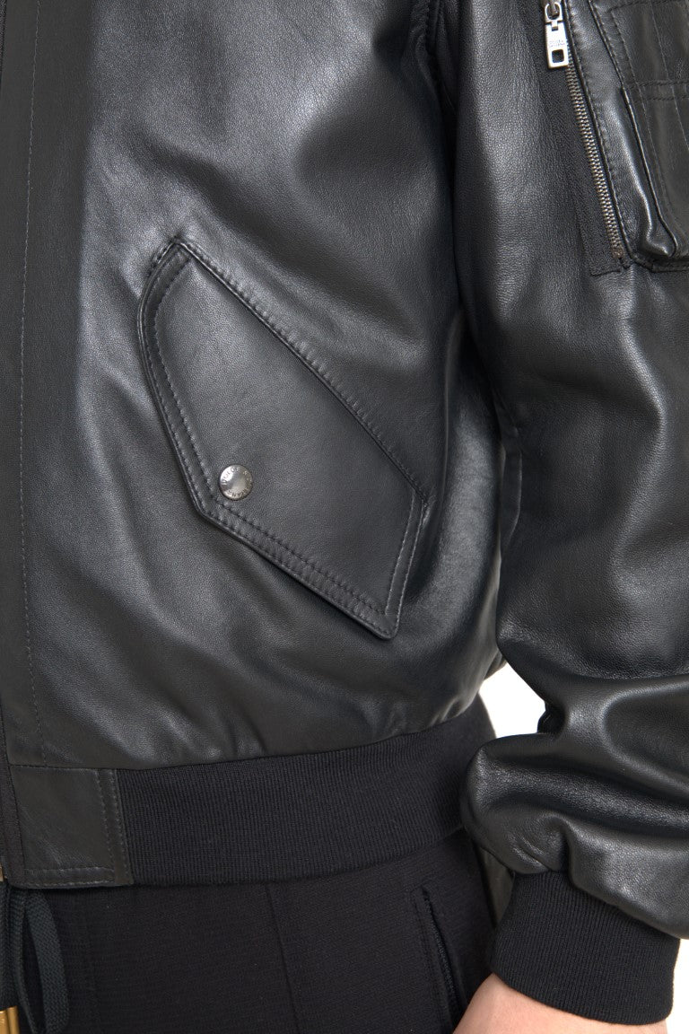 Black leather blouson bomber jacket with full zip closure from Dolce & Gabbana, featuring a sleek, fitted design.
