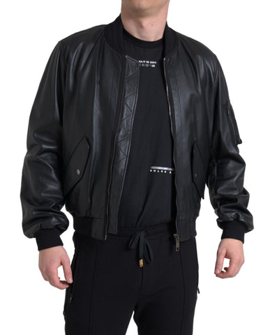 Black leather blouson full-zip bomber jacket by Dolce & Gabbana with a sleek, fitted design and ribbed collar and cuffs.