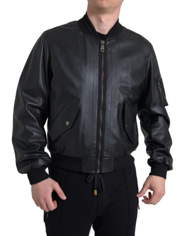 Black leather blouson bomber jacket with full zip closure by Dolce & Gabbana, featuring a sleek, fitted design and classic collar.