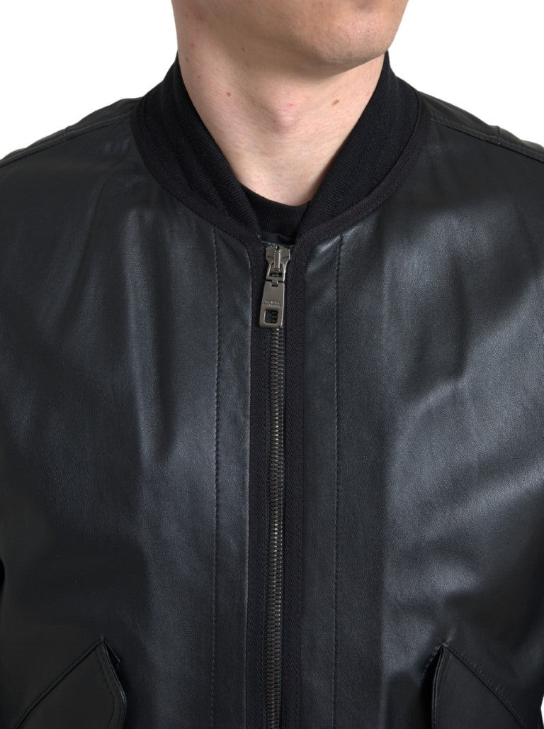Black leather blouson bomber jacket with full zip closure from Dolce & Gabbana, styled on a mannequin.