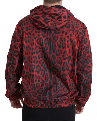 Red leopard patterned hooded bomber jacket by Dolce & Gabbana, featuring a full zip closure and stylish design.