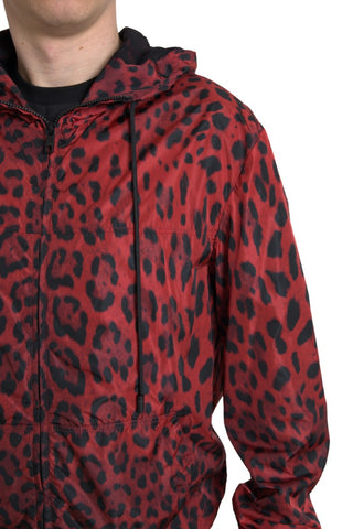 Red leopard print hooded bomber jacket by Dolce & Gabbana with full zip closure and stylish design.