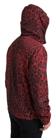 Red leopard print Dolce & Gabbana hooded bomber jacket with full zip and front pockets, stylish and vibrant for casual wear.