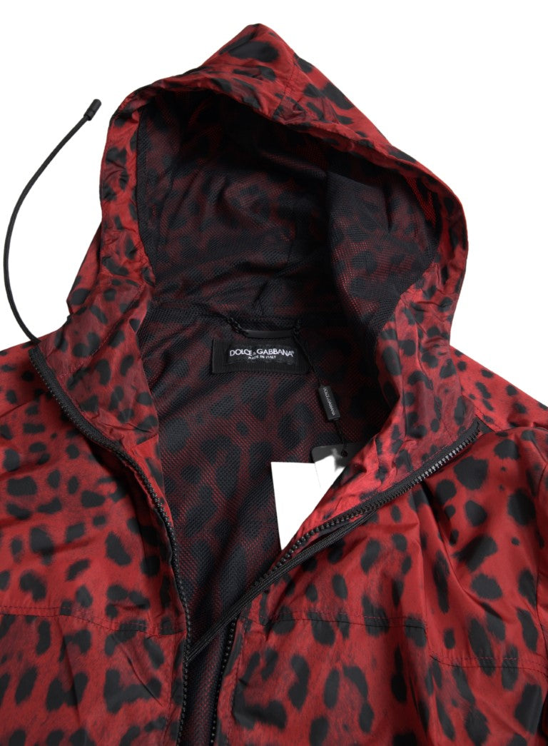 Red leopard print Dolce & Gabbana hooded bomber jacket with full zip and pockets, lightweight and stylish for casual wear.