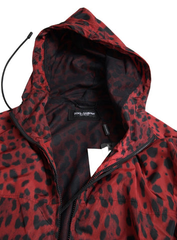 Red leopard print Dolce & Gabbana hooded bomber jacket with full zip and pockets, lightweight and stylish for casual wear.