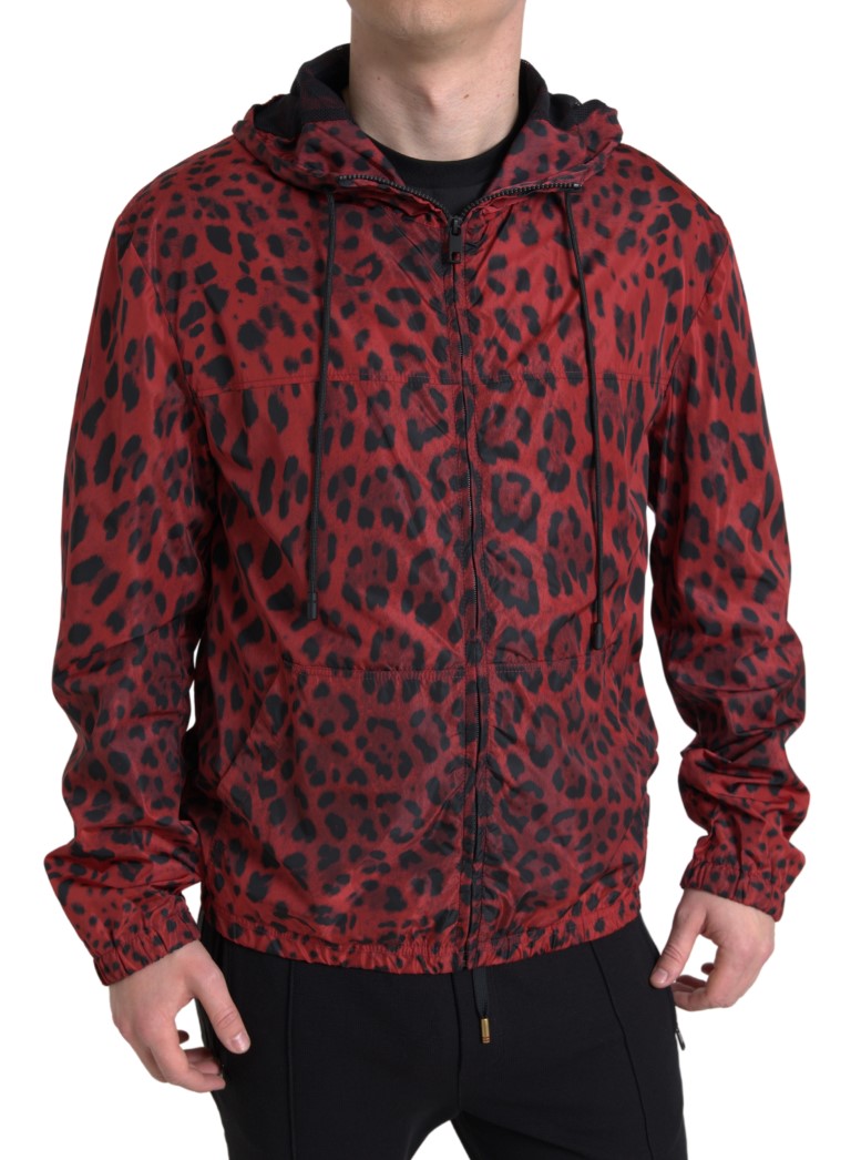 Red leopard print hooded bomber jacket by Dolce & Gabbana, featuring full zip closure and stylish design.