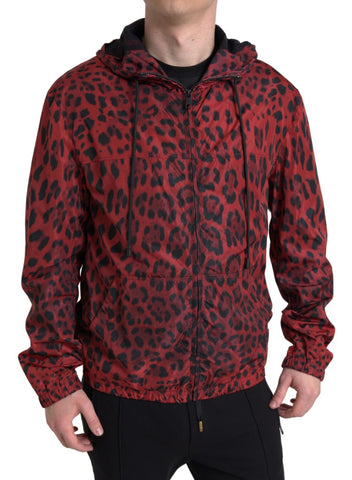 Red leopard print hooded bomber jacket by Dolce & Gabbana, featuring full zip closure and stylish design.