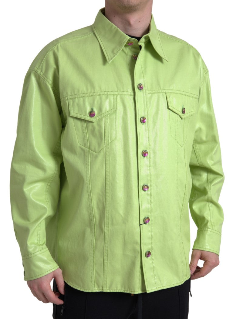 Green cotton collared button-down shirt by Dolce & Gabbana, shown on a hanger with detailed fabric texture.