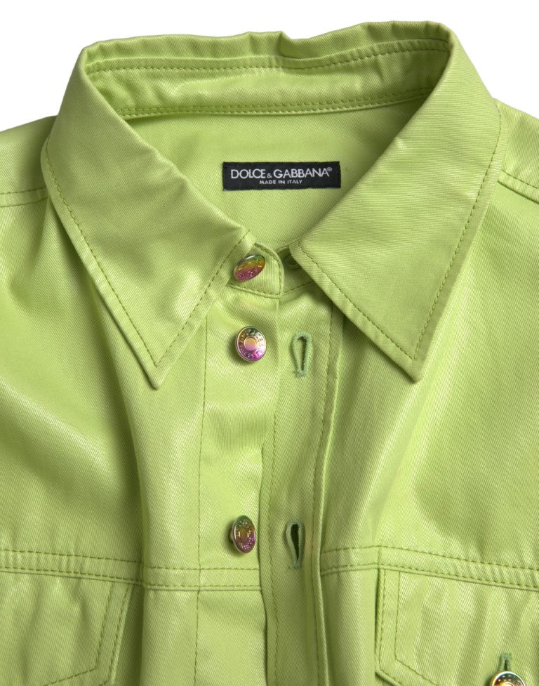 Green cotton collared button-down shirt by Dolce & Gabbana, shown on a hanger with visible collar and button details.