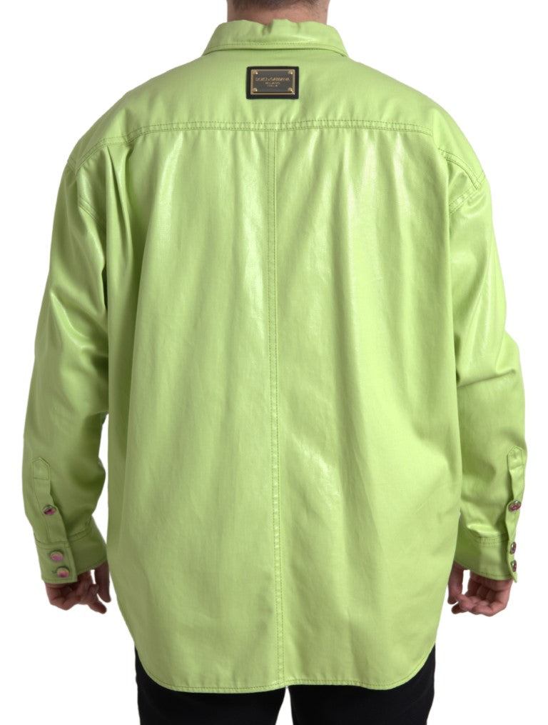 Green cotton collared button-down shirt by Dolce & Gabbana, displayed flat with front view showing collar and buttons.