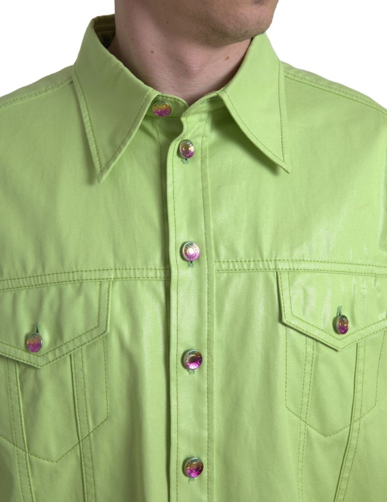 Green cotton collared button-down shirt by Dolce & Gabbana, front view showing classic fit and button details.