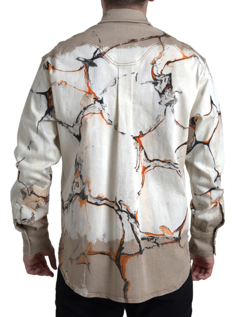 Multicolor cotton collared denim shirt by Dolce & Gabbana, featuring vibrant patchwork design and classic button-up style.