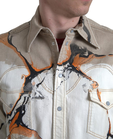 Multicolor cotton denim shirt with a collar from Dolce & Gabbana, featuring vibrant patchwork and classic denim details.
