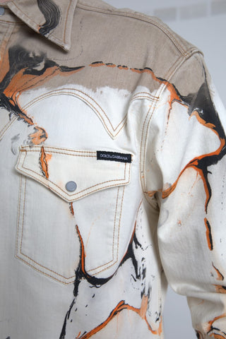 Multicolor cotton denim shirt with a collar from Dolce & Gabbana, featuring vibrant patchwork and classic button details.