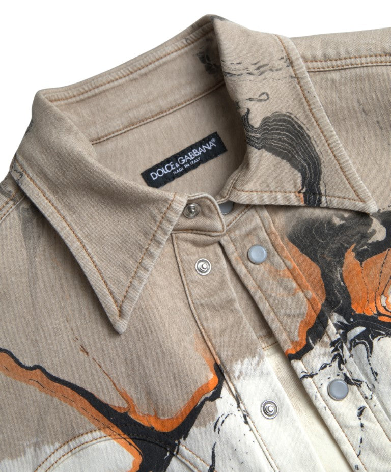 Multicolor cotton denim shirt with a collar by Dolce & Gabbana, featuring vibrant patchwork and button-up front.