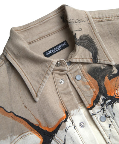 Multicolor cotton denim shirt with a collar by Dolce & Gabbana, featuring vibrant patchwork and button-up front.