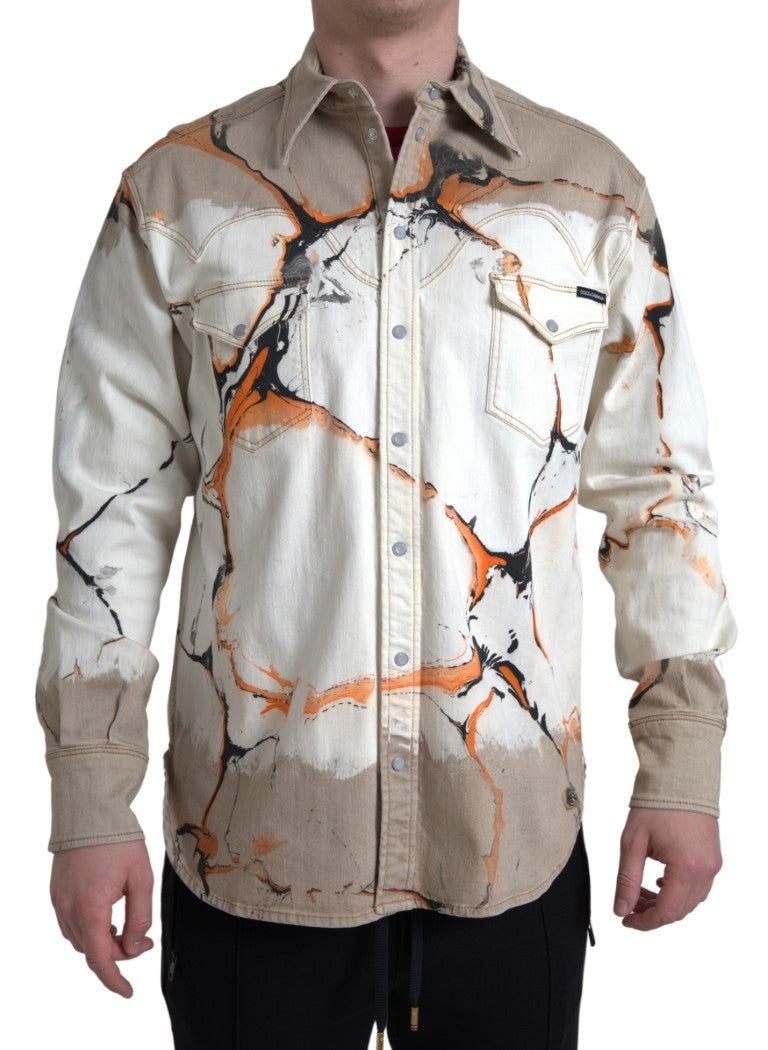 Multicolor cotton collared denim shirt by Dolce & Gabbana with button closure and vibrant patchwork design.