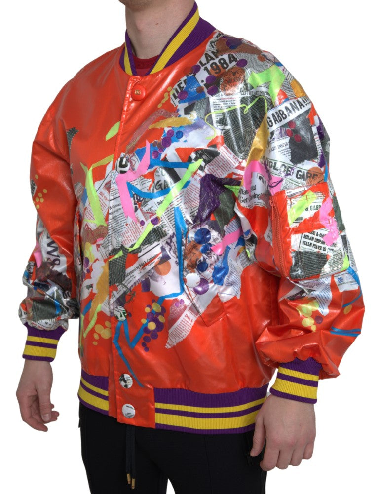 Orange polyester button blouson jacket by Dolce & Gabbana shown on a model with front view and detailed button closure.