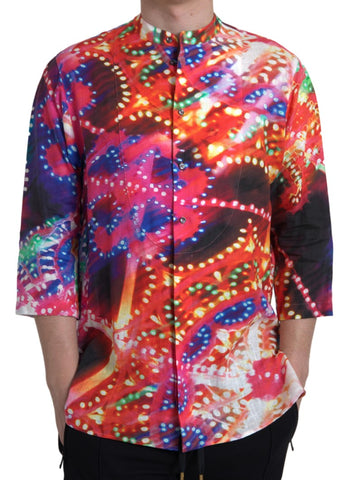 Multicolor Luminarie print linen shirt by Dolce & Gabbana, featuring vibrant patterns and a relaxed fit, displayed on a hanger.