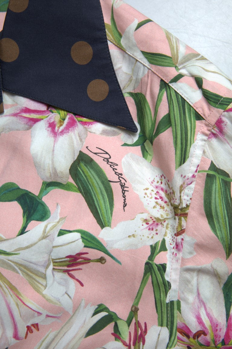 Cotton polka dot lily print collared shirt by Dolce & Gabbana with a button-up front and short sleeves.