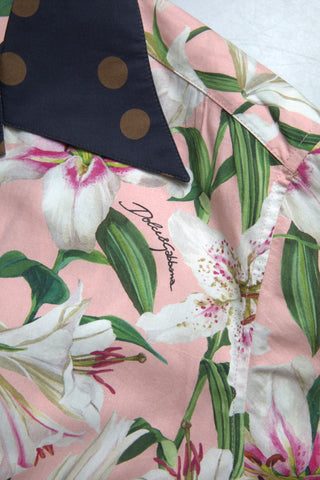 Cotton polka dot lily print collared shirt by Dolce & Gabbana with a button-up front and short sleeves.