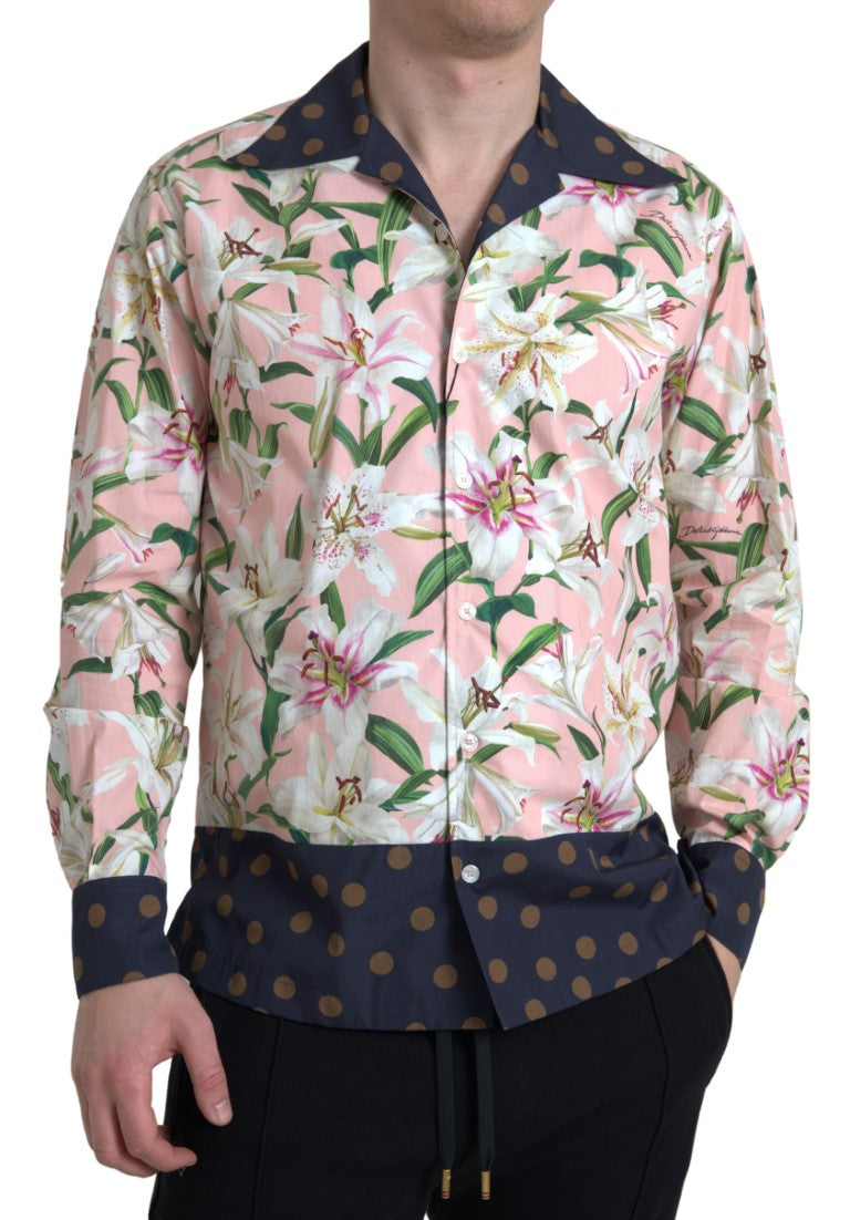 Cotton polka dot Lily print collared shirt by Dolce & Gabbana, featuring a classic design with a button-up front and short sleeves.