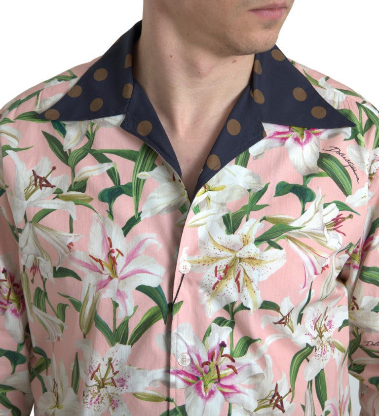 Dolce & Gabbana cotton polka dot lily print collared shirt with short sleeves and button front, featuring vibrant floral design.