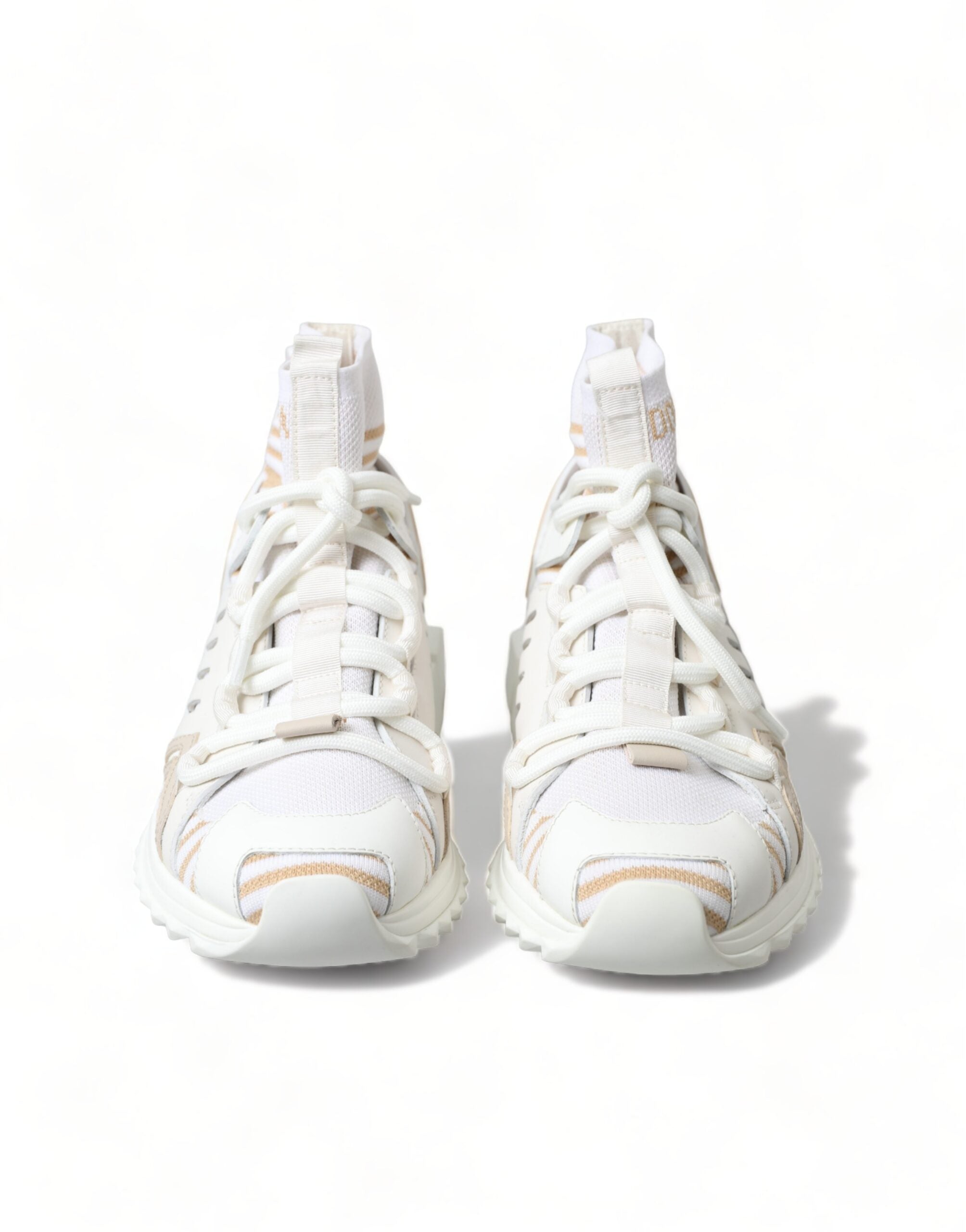White and beige Dolce & Gabbana Sorrento sneakers with sock-style design and stylish details.