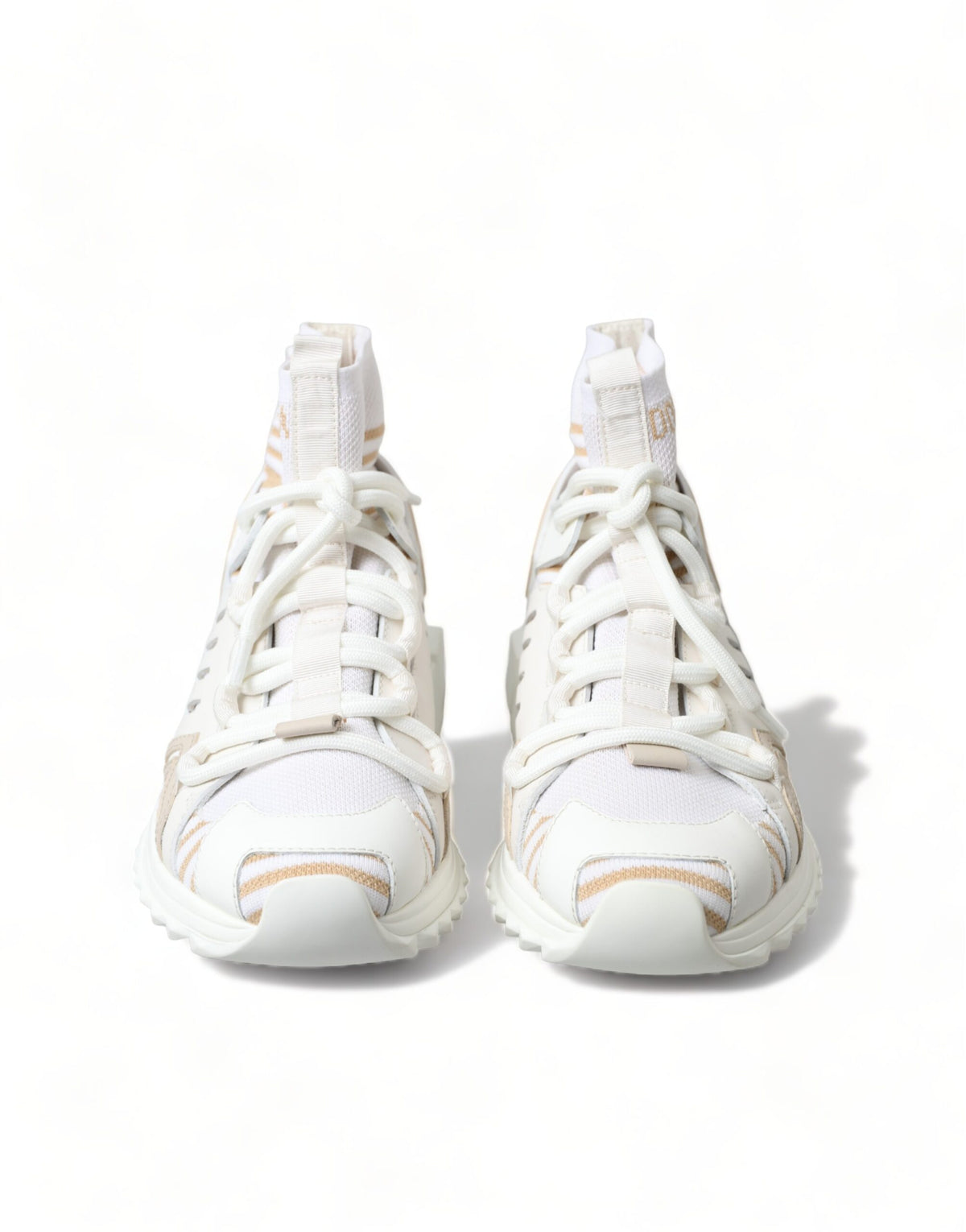 White and beige Dolce & Gabbana Sorrento sneakers with sock-style design and stylish details.