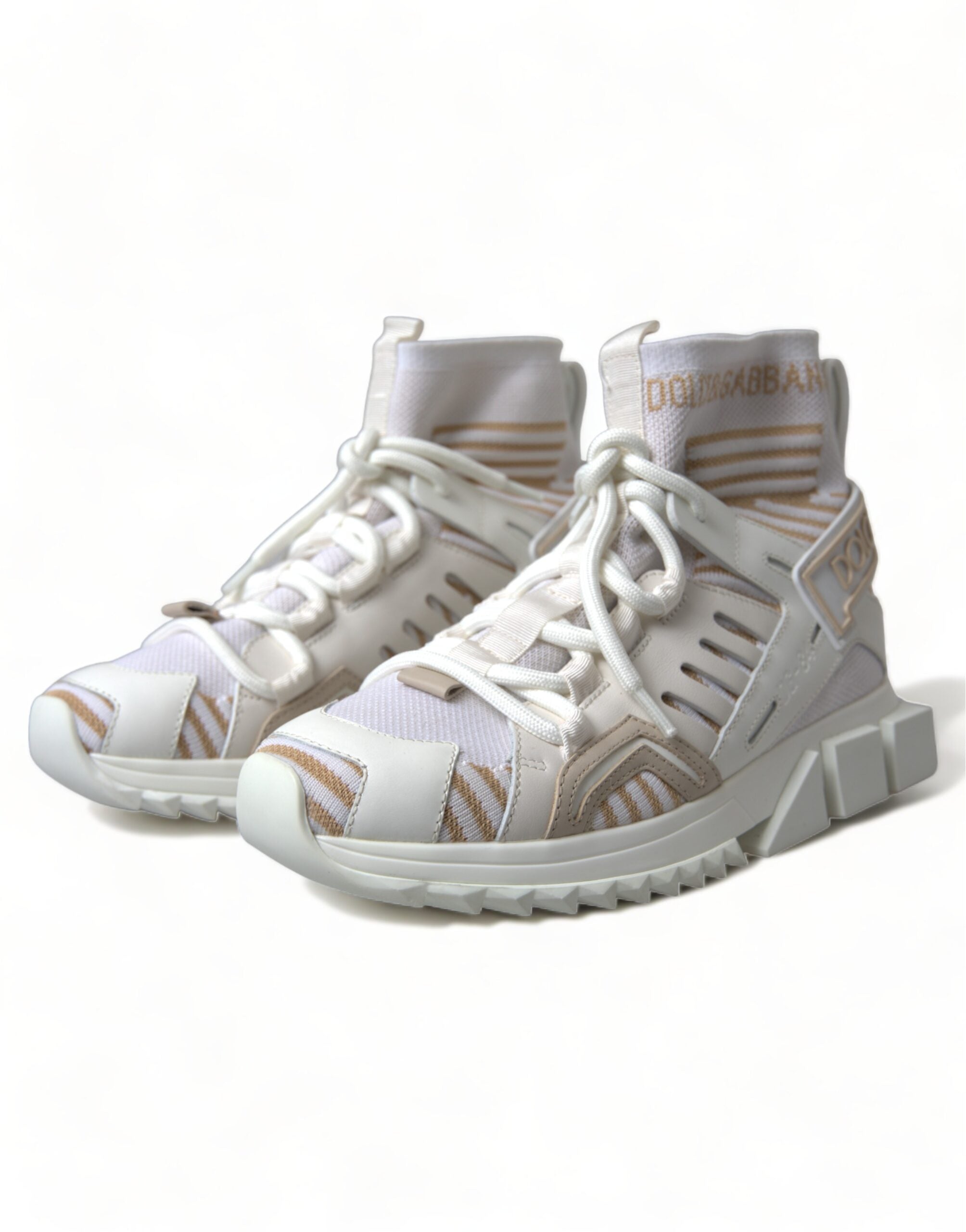 White and beige Dolce & Gabbana Sorrento sneakers with sock-style design and casual sneaker silhouette.