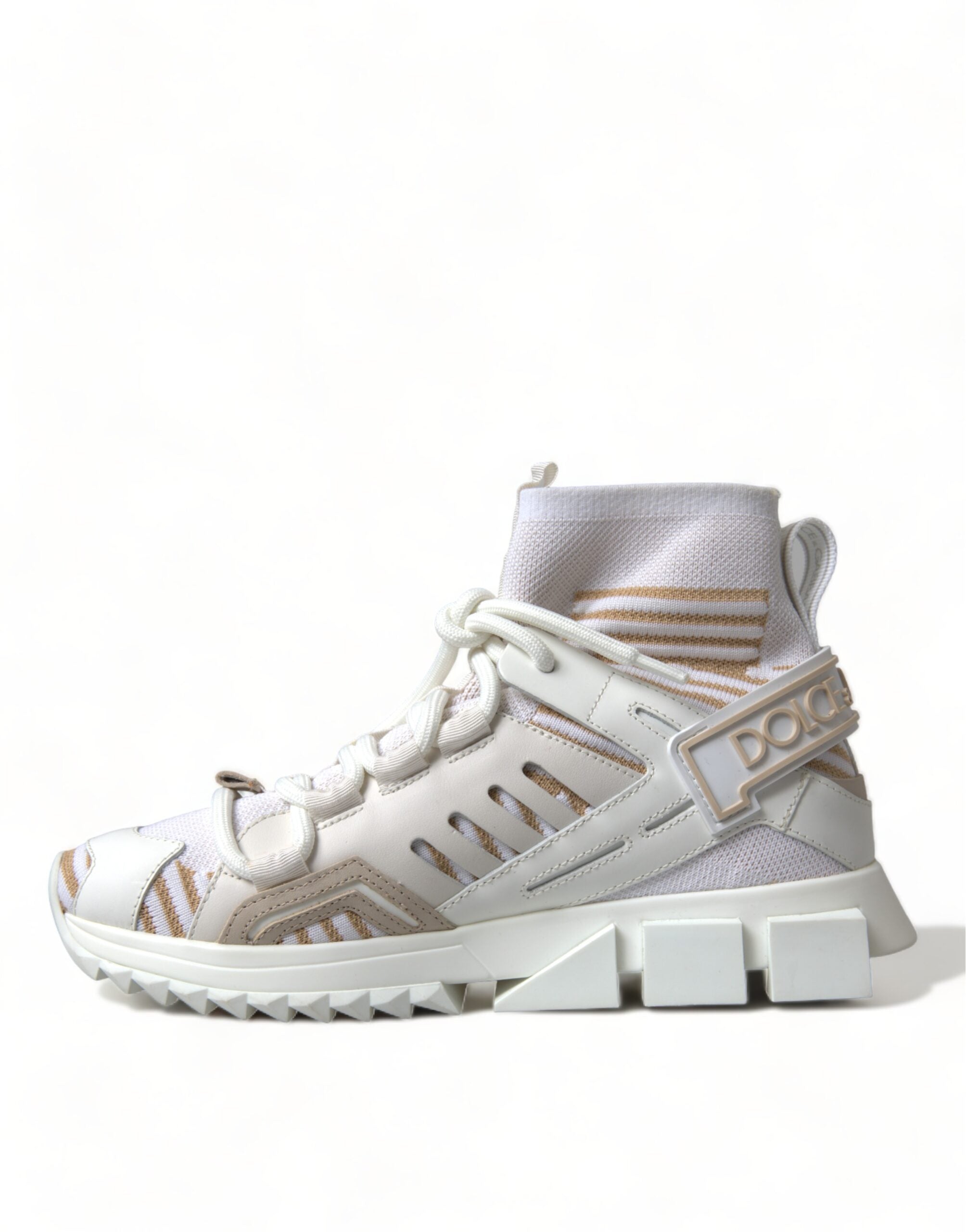 White and beige Sorrento sneakers by Dolce & Gabbana featuring stylish sock-like design and casual sneaker silhouette.