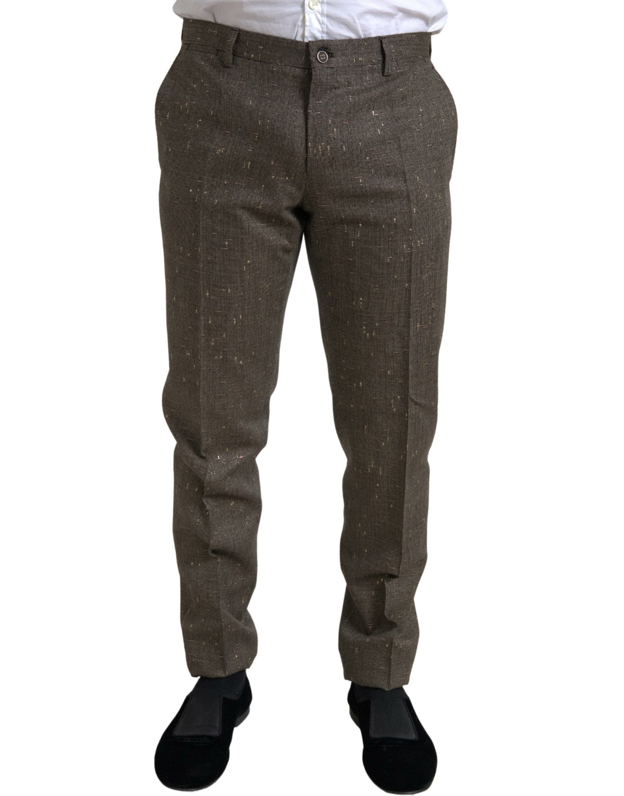 Brown wool dress skinny men's trouser pants by Dolce & Gabbana, shown on a hanger with a tailored fit.