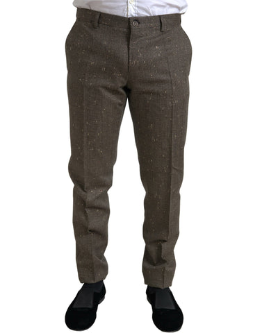 Brown wool dress skinny men's trouser pants by Dolce & Gabbana, shown on a hanger with a tailored fit.
