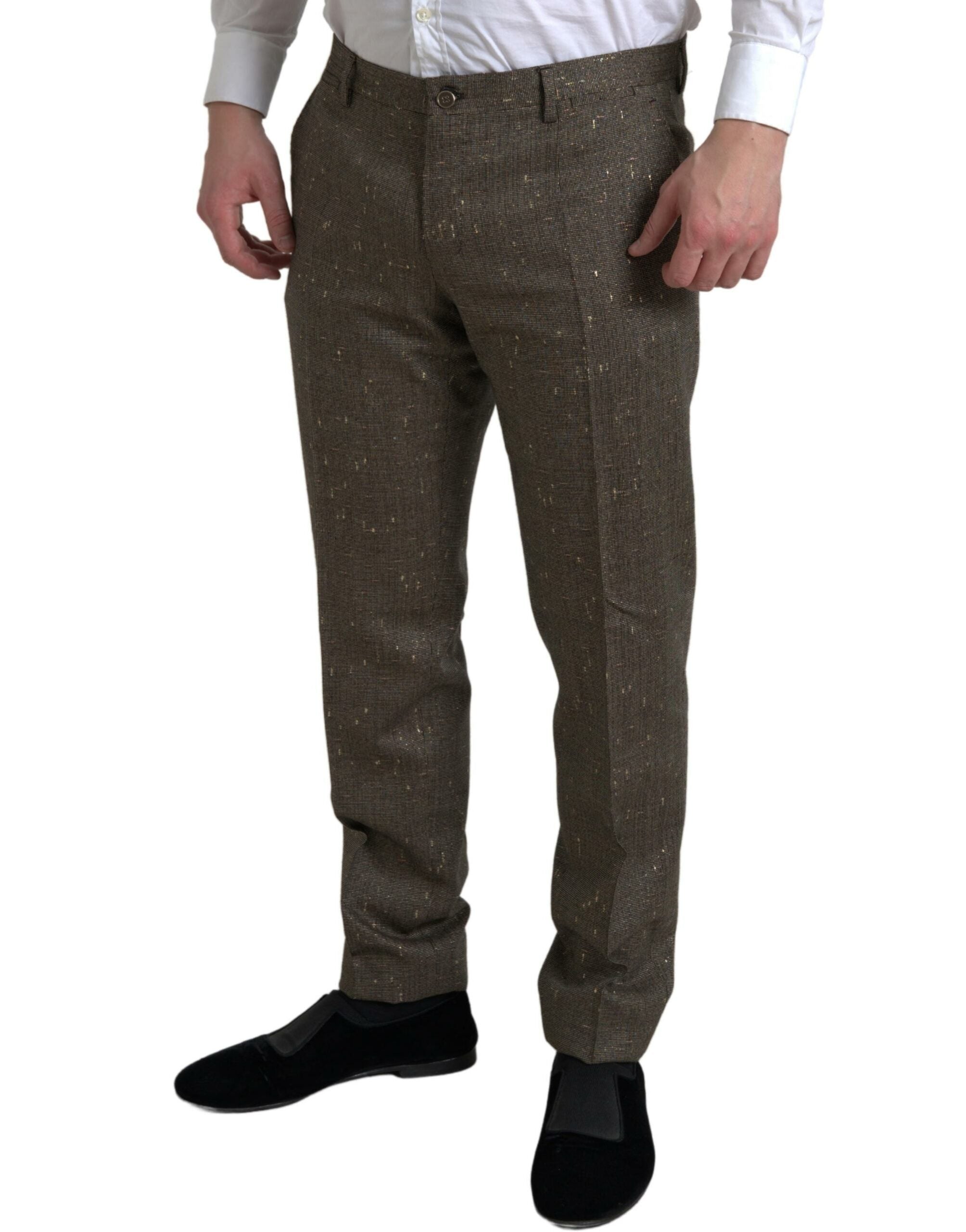 Brown wool dress skinny men's trouser pants by Dolce & Gabbana, shown on a hanger with a tailored fit and classic style.