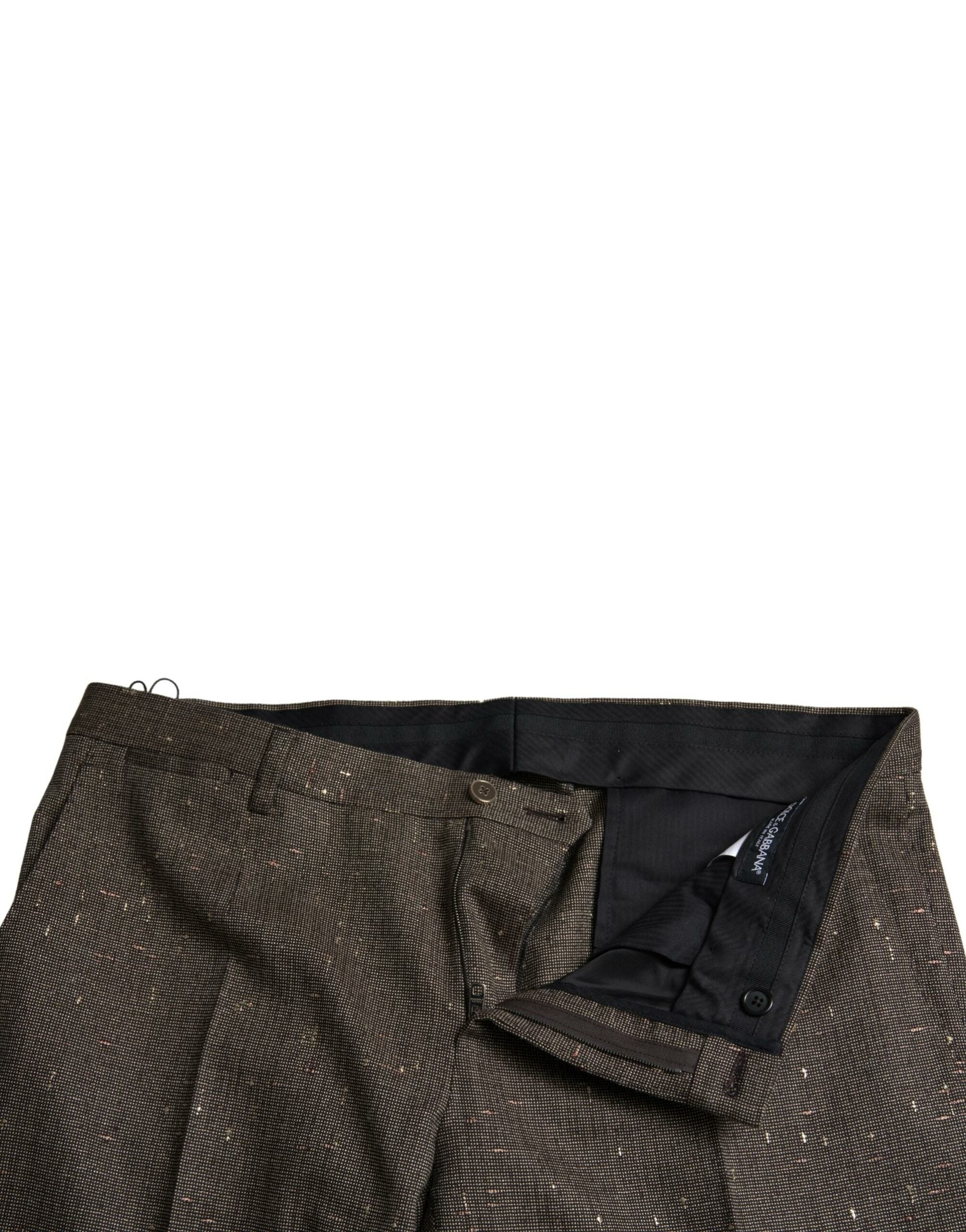 Brown wool skinny men's trouser pants by Dolce & Gabbana, featuring a tailored fit and classic design.