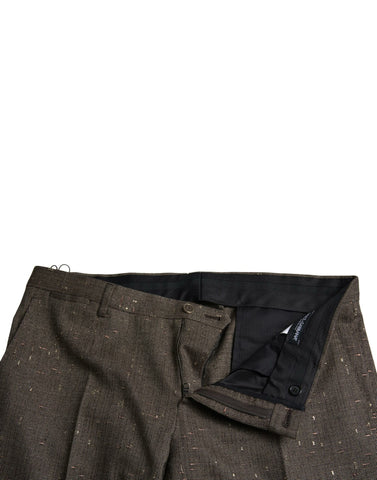 Brown wool skinny men's trouser pants by Dolce & Gabbana, featuring a tailored fit and classic design.